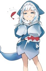 Rule 34 | 1girl, absurdres, blue eyes, blue hair, fins, fish tail, gawr gura, gawr gura (1st costume), grin, highres, hololive, hololive english, hood, hoodie, long hair, looking at viewer, sharp teeth, shrimp, simple background, sleeves past wrists, smile, smug, solo, tail, teeth, uno ryoku, virtual youtuber, white background, white hair