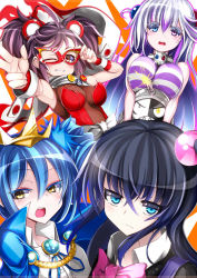 Rule 34 | 4girls, animal ears, bare shoulders, black hair, blue eyes, blue hair, blue ribbon, bombergirl, bow, bowtie, breasts, brooch, closed mouth, crossed bangs, domino mask, drill hair, fang, frown, fuse, grin, hair between eyes, heterochromia, jewelry, kuro (bombergirl), large breasts, lewisia aquablue, lit fuse, mask, medium breasts, mouse ears, multicolored hair, multiple girls, omochishiki, one eye closed, one side up, open mouth, orange eyes, papuru (bombergirl), pink bow, pink bowtie, pink eyes, purple hair, red mask, ribbon, round teeth, scarf, sleeveless, smile, strapless, teeth, tiara, twintails, two-tone hair, urushi (bombergirl), white hair, wrist cuffs, yellow eyes