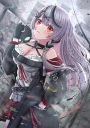 Rule 34 | 1girl, absurdres, black collar, black gloves, black hair, black jacket, blush, braid, breasts, camisole, chest belt, cleavage, collar, ear piercing, fingerless gloves, gloves, grey hair, hair ornament, hairpin, hand in pocket, highres, holding, holding mask, hololive, jacket, large breasts, long hair, looking at viewer, mask, miniskirt, multicolored hair, piercing, pleated skirt, red eyes, red skirt, sakamata chloe, sakamata chloe (1st costume), single braid, skirt, solo, streaked hair, two-sided fabric, two-sided jacket, virtual youtuber, white camisole, x hair ornament, yutakafugu tetoro