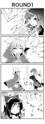 Rule 34 | 3girls, 4koma, :d, ^ ^, bow, cape, clenched hand, closed eyes, comic, dress, female focus, from side, gradient hair, greyscale, hair bow, hair tubes, hakurei reimu, highres, hijiri byakuren, hopeless masquerade, kakao (noise-111), long hair, monochrome, multicolored hair, multiple girls, open mouth, raised fist, ritual baton, short hair, short sleeves, sidelocks, simple background, smile, touhou, toyosatomimi no miko, translation request, white background