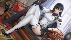 Rule 34 | 1girl, absurdres, black cat, black gloves, black hair, breasts, cat, collar, gloves, hair ribbon, high heels, highres, knee up, lin (tower of fantasy), lips, looking at viewer, military, military uniform, necktie, red tie, ribbon, sciamano240, sitting, skirt, small breasts, solo, thick thighs, thighhighs, thighs, tower of fantasy, uniform, weapon, white thighhighs