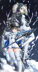 Rule 34 | 2girls, :o, absurdres, black jacket, blue eyes, blue hair, blue jacket, bodysuit, brown hair, commentary request, cropped jacket, drill hair, fingerless gloves, fish.boy, gloves, hair ornament, hairclip, hat, heterochromia, highres, holding, holding weapon, hood, hood up, id card, jacket, looking at viewer, medium hair, multicolored hair, multiple girls, original, platinum blonde hair, polearm, red eyes, shoes, short hair, skin tight, sneakers, spear, streaked hair, thighhighs, twintails, two-tone hair, weapon, white bodysuit