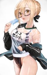 Rule 34 | 1girl, artoria pendragon (fate), black one-piece swimsuit, blonde hair, competition school swimsuit, cowboy shot, fate/grand order, fate (series), food, glasses, highleg, highleg swimsuit, highres, jacket, mysterious heroine x alter (fate), mysterious heroine x alter (second ascension) (fate), name tag, nyatabe, one-piece swimsuit, popsicle, school swimsuit, see-through, shirt, sweat, swimsuit, swimsuit under clothes, track jacket, wet, wet clothes, wet shirt, yellow eyes