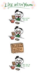 Rule 34 | &gt;:(, &gt;:o, 1girl, :o, angry, blush stickers, bowl, box, clenched teeth, comic, egg, english text, flower, frown, headband, highres, how to, konpaku youmu, peachems (gemu), profanity, simple background, squinting, teeth, touhou, v-shaped eyebrows, white hair