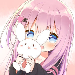 Rule 34 | 1girl, :d, ayanepuna, black jacket, blue eyes, blush, borrowed character, collarbone, commentary request, hair between eyes, hair ornament, hairclip, heart, heart hair ornament, highres, holding, holding stuffed toy, jacket, long hair, long sleeves, necktie, one side up, open mouth, original, pink hair, red necktie, sleeves past wrists, smile, solo, stuffed animal, stuffed rabbit, stuffed toy, upper body