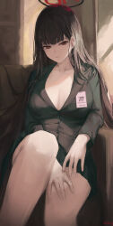Rule 34 | 1girl, bare legs, black hair, black jacket, black skirt, blazer, blue archive, breasts, cleavage, collarbone, couch, expressionless, feet out of frame, halo, highres, id card, indoors, jacket, large breasts, long hair, looking at viewer, miniskirt, nev (nevblindarts), on couch, pleated skirt, red eyes, rio (blue archive), sitting, skirt, solo, straight hair, very long hair