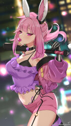 1girl animal_ears baseball_bat black_bra black_choker black_pantyhose blurry blurry_background bra breasts candy choker commission crop_top food hair_ornament heart heart_choker highres holding holding_baseball_bat indie_virtual_youtuber jacket jewelry k_(art71) lollipop mechanical_arms midriff navel necklace o-ring pantyhose pink_hair pink_jacket pink_shorts purple_eyes purple_shirt rabbit_ears rabbit_ornament remi_vespertine shirt shorts single_leg_pantyhose single_mechanical_arm skeb_commission solo sparkle twitter_username underwear virtual_youtuber weapon_behind_back