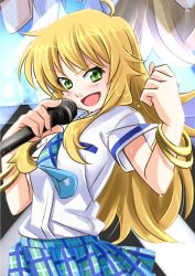 Rule 34 | 1girl, :d, ahoge, blonde hair, bracelet, clenched hand, green eyes, hoshii miki, idolmaster, idolmaster (classic), jewelry, long hair, microphone, miri (ago550421), necktie, open mouth, rough time school, skirt, smile, solo, sweat