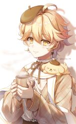 Rule 34 | 1boy, aether (genshin impact), blonde hair, braid, brown headwear, closed mouth, coffee, commentary request, cup, earrings, genshin impact, hair between eyes, highres, holding, holding cup, jacket, jewelry, long sleeves, neck ribbon, platina 1117, pompompurin, ribbon, sanrio, scarf, smile, twitter username, yellow eyes