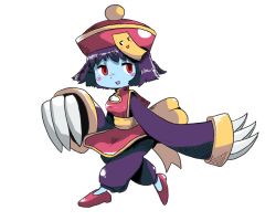 Rule 34 | 1girl, bad id, bad pixiv id, blue skin, breasts, capcom, chibi, chinese clothes, claws, cleavage, colored skin, facial mark, flipped hair, hat, jiangshi, lei lei, lin-lin, long sleeves, ofuda, open mouth, pants, purple hair, qingdai guanmao, red eyes, sharioka an, short hair, simple background, sleeves past wrists, smile, solo, vampire (game), walking, white background, zombie