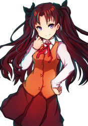 Rule 34 | 1girl, bad id, bad pixiv id, black pantyhose, blouse, breasts, brown hair, closed mouth, fate/stay night, fate (series), hair ribbon, hand on own hip, homurahara academy school uniform, light smile, long hair, looking at viewer, medium breasts, orihiro0614, pantyhose, purple eyes, ribbon, school uniform, shirt, simple background, solo, standing, tohsaka rin, white background, white shirt