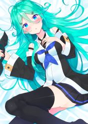 Rule 34 | 10s, 1girl, ahoge, aqua hair, ass, bare shoulders, black skirt, blue eyes, blue neckerchief, blush, breasts, detached sleeves, from above, green hair, hair between eyes, hair ornament, hair ribbon, hairclip, hand on own chest, highres, kantai collection, long hair, long sleeves, looking at viewer, lying, medium breasts, neckerchief, nezumi doshi, on back, open mouth, pleated skirt, ribbon, simple background, skirt, solo, striped clothes, striped skirt, thighhighs, white background, wide sleeves, yamakaze (kancolle)