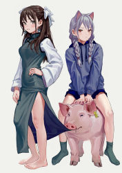 Rule 34 | 2girls, arm at side, arms between legs, artist name, barefoot, black hair, blue jacket, blue skirt, braid, breasts, brown eyes, commentary, drawstring, ear tag, earrings, feet, feiqizi (fkey), fkey, full body, grey background, grey hair, hair ribbon, hand on own hip, highres, hood, hooded jacket, jacket, jewelry, long sleeves, looking at viewer, low twin braids, medium breasts, mole, mole under eye, multiple girls, no shoes, on animal, original, pig, ribbon, riding, simple background, sitting, skirt, socks, standing, twin braids, v arms, white ribbon, wide sleeves