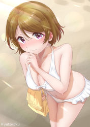 Rule 34 | 1girl, artist request, bare shoulders, bikini, blush, breasts, brown hair, collarbone, highres, koizumi hanayo, large breasts, looking at viewer, love live!, love live! school idol project, purple eyes, short hair, solo, swimsuit, tagme, wet, wet clothes, wet swimsuit, white bikini