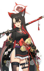 Rule 34 | 1girl, absurdres, animal ears, bayonet, black gloves, black kimono, black pantyhose, blue archive, blush, carrying, choker, feet out of frame, fingerless gloves, fox ears, garter straps, gloves, gun, halo, hape, highres, holding, holding gun, holding mask, holding weapon, japanese clothes, kimono, long sleeves, looking at viewer, mask, medium hair, obi, open mouth, pantyhose, rifle, sash, short kimono, shoulder carry, simple background, single leg pantyhose, smile, solo, thigh strap, thighhighs, thighs, wakamo (blue archive), weapon, white background, yellow eyes