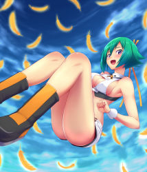 Rule 34 | 10s, 1girl, aquarion (series), aquarion evol, armpits, bare shoulders, blush, boots, breasts, cleavage, cleavage cutout, clothing cutout, cloud, coupe50, covered erect nipples, crop top, fang, feathers, green hair, knees up, midriff, open mouth, purple hair, shiny skin, short hair, short shorts, shorts, sideboob, sky, solo, thighs, zessica wong