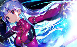 Rule 34 | 1girl, arm strap, blue hair, blush, bodysuit, breasts, chestnut mouth, commentary, dark background, gauntlets, gloves, hand up, kula diamond, leather suit, light blue hair, long hair, looking at viewer, medium breasts, onono imoko, outstretched arm, red eyes, sidelocks, solo, sparkle, the king of fighters, thick eyebrows, upper body, yellow gloves, zipper