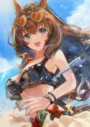 Rule 34 | 1girl, absurdres, animal ears, bikini, blue eyes, breasts, brown hair, cleavage, eyewear on head, frilled bikini, frills, heart, heart-shaped eyewear, heart necklace, highres, horse ears, horse girl, horse tail, jewelry, large breasts, long hair, looking at viewer, maruzensky (blasting off summer night) (umamusume), maruzensky (umamusume), necklace, open mouth, outdoors, smile, solo, swimsuit, tail, tracen swimsuit, umamusume, very long hair, yoshiaki (yosiaki ml)