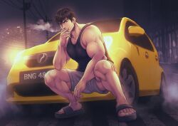 Rule 34 | 1boy, bara, black footwear, black hair, black tank top, car, cigarette, city lights, earrings, flip-flops, fog, full body, grey shorts, hal (harenchiou), headlights, highres, holding, holding cigarette, jewelry, large pectorals, looking at viewer, male focus, motor vehicle, muscular, muscular male, night, original, outdoors, pectorals, power lines, sandals, short hair, shorts, sidewalk, smoke, solo, squatting, tank top, yellow car