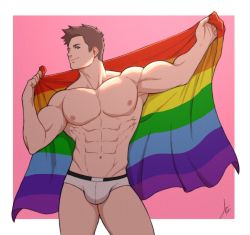 Rule 34 | 1boy, abs, bara, boxer briefs, bulge, commentary, english commentary, feet out of frame, flag, holding, holding flag, large pectorals, lgbt pride, light brown hair, male focus, male pubic hair, male underwear, muscular, muscular male, navel, navel hair, nipples, original, pectorals, pubic hair, rainbow flag, rekkinj, short hair, sideburns, smile, solo, stomach, thick thighs, thighs, topless male, underwear, underwear only, white male underwear