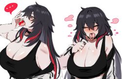 Rule 34 | ..., 1girl, absurdres, bare shoulders, black hair, blush, breasts, cherry, cleavage, commentary, food, fruit, hair between eyes, highres, jacket, k (kuayrenaiz), kurenaiz (kuayrenaiz), large breasts, long hair, long tongue, looking at viewer, messy hair, mole, mole on breast, multicolored hair, off shoulder, orange eyes, original, red hair, simple background, solo, stitched arm, stitches, streaked hair, symbol-only commentary, tongue, tongue out, white background
