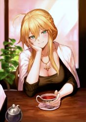 Rule 34 | 1girl, absurdres, ahoge, artoria pendragon (fate), artoria pendragon (lancer) (fate), blonde hair, blush, braid, breasts, cleavage, collarbone, fate/grand order, fate (series), french braid, green eyes, head rest, head tilt, highres, indoors, jewelry, looking at viewer, mashuu (neko no oyashiro), medium breasts, necklace, plant, simple background, smile, solo, spoon, table, tea, tearing up