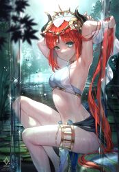 Rule 34 | 1girl, a0lp, aqua eyes, armpits, arms up, artist name, bare arms, blush, breasts, circlet, closed mouth, fake horns, genshin impact, harem outfit, highres, holding, holding hair, horns, leaf, lily pad, long hair, looking at viewer, medium breasts, nature, navel, nilou (genshin impact), outdoors, parted bangs, red hair, sidelocks, sitting, skirt, solo, sparkle, stomach, thighlet, thighs, twitter username, veil, very long hair, water, wet, white headwear