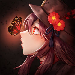 Rule 34 | 1girl, black background, brown hair, bug, butterfly, chinese clothes, close-up, commentary request, from side, genshin impact, hair between eyes, hat, hat feather, hat ornament, highres, hu tao (genshin impact), insect, long hair, looking away, looking up, orange eyes, sidelocks, simple background, solu 0705, symbol-shaped pupils, twintails