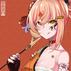 Rule 34 | 1girl, :q, absurdres, arrow (projectile), artist name, body writing, breasts, brown kimono, choker, cleavage, closed mouth, collarbone, commentary request, drawing on another&#039;s face, eyebrows hidden by hair, genshin impact, hadanugi dousa, hair between eyes, hair ornament, hand wraps, highres, holding, holding arrow, huge filesize, japanese clothes, kimono, light brown hair, looking at viewer, medium breasts, multicolored hair, nail polish, open clothes, open kimono, purple hair, red choker, sarashi, smile, solo, streaked hair, tongue, tongue out, upper body, writing on face, yellow eyes, yoimiya (genshin impact), yuuta (yuuta0312)