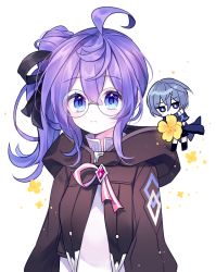 Rule 34 | 1boy, 1girl, ahoge, black ribbon, black shorts, blue capelet, blue eyes, blue hair, brown jacket, capelet, chibi, closed mouth, commentary request, cropped jacket, dress, elsword, floating, flower, g ieep, glasses, hair between eyes, hair ribbon, holding, holding flower, hood, hood down, hooded jacket, jacket, korean commentary, long sleeves, looking away, mini person, miniboy, noah ebalon, open clothes, open jacket, ponytail, purple hair, ribbon, short hair, shorts, side ponytail, sidelocks, simple background, white background, white dress, yellow flower, yuria (elsword)