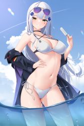 Rule 34 | 1girl, absurdres, air bubble, bare shoulders, bikini, black jacket, blue sky, bubble, cloud, commentary, cowboy shot, criss-cross halter, cross hair ornament, day, eyewear on head, facial mark, food, girls&#039; frontline, green eyes, grin, groin, hair ornament, halterneck, hand up, highres, hk416 (girls&#039; frontline), holding, holding food, jacket, long hair, long sleeves, looking at viewer, navel, off shoulder, popsicle, side-tie bikini bottom, sky, smile, solo, standing, stomach, sunglasses, swimsuit, thighs, very long hair, wading, water, white bikini, white hair, z.taiga