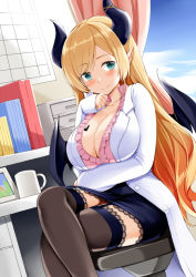 Rule 34 | 1girl, aqua eyes, bat tattoo, black skirt, black thighhighs, blonde hair, blue sky, blush, breast hold, breast tattoo, breasts, chair, cleavage, closed mouth, cloud, cloudy sky, coat, collarbone, collared shirt, commentary, cowboy shot, crossed legs, cup, day, demon horns, demon wings, desk, dutch angle, frilled shirt, frills, hololive, horns, indoors, kosuke (bb), lab coat, lace, lace-trimmed legwear, lace-trimmed skirt, lace trim, large breasts, long hair, looking at viewer, miniskirt, open clothes, open coat, parted bangs, pencil skirt, picture frame, pink shirt, pointy ears, shirt, sitting, skirt, sky, sleeves past wrists, smile, solo, sunlight, swivel chair, tattoo, thighhighs, thighs, virtual youtuber, white coat, window, wing collar, wings, yuzuki choco, yuzuki choco (1st costume), zettai ryouiki