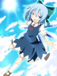 Rule 34 | 1girl, blue dress, blue eyes, blue hair, blue skirt, blue sky, bow, cirno, day, do (4-rt), dress, hair bow, highres, ice, ice wings, looking at viewer, matching hair/eyes, open mouth, outstretched arms, perspective, puffy sleeves, shirt, short sleeves, skirt, sky, smile, solo, sun, touhou, wings