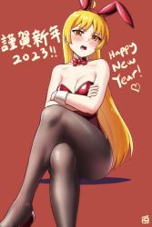 Rule 34 | &gt;:(, 1girl, 2023, animal ears, annoyed, artist logo, bare shoulders, black pantyhose, blonde hair, blush, bocchi the rock!, bow, bowtie, breasts, chinese zodiac, cleavage, crossed arms, crossed legs, detached collar, female focus, finalcake, happy new year, high heels, highres, hime cut, ijichi seika, japanese text, legs, leotard, long hair, looking at viewer, medium breasts, new year, open mouth, pantyhose, playboy bunny, rabbit ears, red background, red bow, red bowtie, red eyes, red footwear, red leotard, simple background, sitting, solo, strapless, strapless leotard, teeth, thighs, upper teeth only, v-shaped eyebrows, year of the rabbit