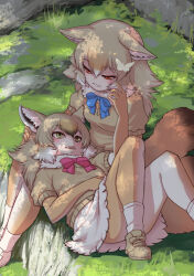 Rule 34 | 2girls, african golden wolf (kemono friends), animal ears, black hair, blonde hair, blue bow, blue bowtie, blush, bow, bowtie, brown footwear, brown gloves, brown hair, brown pantyhose, brown sweater, bug, butterfly, elbow gloves, frilled skirt, frills, fur collar, gloves, golden jackal (kemono friends), hair between eyes, highres, insect, jackal ears, jackal girl, jackal tail, kemono friends, kosai takayuki, lap pillow, long hair, looking at another, multicolored hair, multiple girls, orange eyes, pantyhose, puffy short sleeves, puffy sleeves, red bow, red bowtie, shoes, short sleeves, sidelocks, skirt, sneakers, socks, sweater, tail, two-tone gloves, two-tone pantyhose, white fur, white gloves, white hair, white pantyhose, white skirt, wolf ears, wolf girl, wolf tail, yellow eyes