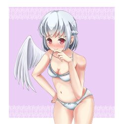 Rule 34 | 1girl, akizuki (akizuki71), blush, bow, bow bra, bow panties, bra, braid, breasts, cleavage, closed mouth, commentary, cowboy shot, crown braid, feathered wings, grey bra, grey panties, hand on own face, kishin sagume, lace, lace-trimmed bra, lace-trimmed panties, lace trim, leaning forward, looking at viewer, medium breasts, outside border, panties, purple background, purple bra, red eyes, short hair, silver hair, single wing, smile, solo, standing, sweatdrop, thighs, touhou, underwear, underwear only, wings