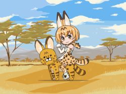 Rule 34 | 10s, 1girl, :3, :d, ;3, animal, animal ears, animated, animated gif, blonde hair, blue sky, blush, bow, bowtie, breasts, brown hair, cat ears, cat tail, chibi, closed mouth, cloud, commentary, day, elbow gloves, from side, full body, gabriel dropout, gloves, heart, high-waist skirt, kemono friends, looking at viewer, looking to the side, mameshiba (pixiv 59310), medium breasts, multicolored hair, one eye closed, open mouth, outdoors, plant, revision, riding, savannah, scarf, serval, serval (kemono friends), serval print, serval tail, shirt, short hair, sideways mouth, skirt, sky, sleeveless, sleeveless shirt, smile, straddling, streaked hair, tail, thighhighs, tree, ugoira, walking, whiskers, white shirt, yellow eyes, zettai ryouiki