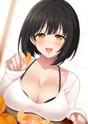 Rule 34 | 1girl, :d, black bra, black hair, blurry, blurry background, blush, bra, breast rest, breasts, breasts on table, cleavage, collarbone, dutch angle, eyelashes, fingernails, food, fruit, highres, holding, holding food, idolmaster, idolmaster cinderella girls, jewel (the black canvas), large breasts, lips, long fingernails, long sleeves, looking at viewer, low neckline, mandarin orange, open mouth, shiny skin, short hair, sleeves past wrists, smile, solo, sweater, table, takafuji kako, underwear, upper body, white sweater, yellow eyes