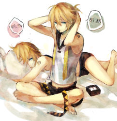 Rule 34 | 1boy, 1girl, aqua eyes, bad id, bad pixiv id, blonde hair, brother and sister, kagamine len, kagamine rin, lying, mg (mica), mouth hold, pillow, short hair, siblings, sleepy, twins, vocaloid