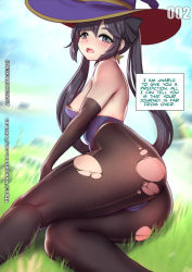 Rule 34 | 1girl, ass, black hair, bokuman, breasts, english text, genshin impact, hat, leotard, looking at viewer, lying, medium breasts, mona (genshin impact), on side, outdoors, pantyhose, solo, strapless, strapless leotard, tagme, thick thighs, thighs, torn clothes, torn pantyhose, twintails, witch hat