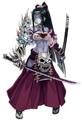 Rule 34 | 1girl, aura, black hair, blood, blood stain, blue fire, blue skin, blush, bone, breasts, closed mouth, colored skin, energy, fire, frown, full body, ghost ball, glowing, glowing eye, hair ribbon, hakama, hakama short skirt, hakama skirt, highres, hip vent, holding, holding sword, holding weapon, japanese clothes, katana, kenkou cross, large breasts, long hair, looking at viewer, magic, monster girl, monster girl encyclopedia, navel, ochimusha (monster girl encyclopedia), official art, ponytail, revealing clothes, ribbon, samurai, scabbard, sheath, simple background, skeletal arm, skirt, skull, solo, sword, teeth, toned, toned female, undead, unsheathed, weapon, white background, yellow eyes