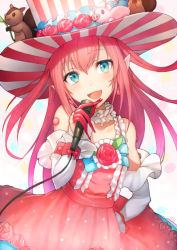 Rule 34 | 1girl, bad id, bad pixiv id, bare shoulders, blue eyes, blush, cable, cowboy shot, detached sleeves, dress, earrings, elizabeth bathory (fate), elizabeth bathory (fate/extra ccc), fate/grand order, fate (series), flower, hat, hat flower, head tilt, holding, holding microphone, jewelry, kyoeiki, long hair, long sleeves, looking at viewer, microphone, music, neck garter, pastel colors, pink dress, pink flower, pink hair, pink rose, pointy ears, rose, singing, solo, standing, striped clothes, striped headwear, stuffed animal, stuffed pig, stuffed squirrel, stuffed toy, tareme, top hat, vertical-striped clothes, vertical-striped headwear, vertical-stripes, white background, wrist cuffs