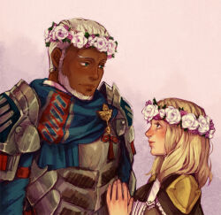 1boy 1girl armor beard blonde_hair blue_eyes blush commentary dark-skinned_male dark_skin dedue_molinaro dvrtrblhr english_commentary eye_contact facial_hair fire_emblem fire_emblem:_three_houses gradient_background hand_up hands_up head_wreath looking_at_another medium_hair mercedes_von_martritz nintendo white_hair