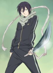 Rule 34 | 10s, 1boy, blue eyes, katana, male focus, noragami, rinda, scarf, short hair, simple background, smile, solo, sword, track suit, weapon, yato (noragami)