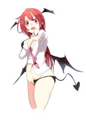Rule 34 | 1girl, bat wings, black bra, blush, bra, breasts, cropped legs, demon tail, from below, head wings, highres, koakuma, large breasts, long hair, long sleeves, looking at viewer, looking down, necktie, no pants, open clothes, open mouth, open shirt, panties, pointy ears, red eyes, red hair, shirt, simple background, solo, sweatdrop, tail, tetsurou (fe+), touhou, underwear, wavy mouth, white background, wings