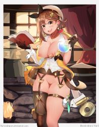 Rule 34 | 1girl, absurdres, asymmetrical bangs, atelier (series), atelier ryza, atelier ryza 2, belt, blush, bottomless, breasts, brown eyes, brown hair, gloves, hair ornament, hairclip, hat, highres, large breasts, looking at viewer, nipples, no bra, open mouth, pussy, reisalin stout, short hair, smile, solo, star (symbol), thick thighs, thighhighs, thighs, white hat, yur1rodrigues
