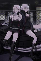 Rule 34 | 2girls, ahoge, artoria pendragon (all), artoria pendragon (fate), black coat, black dress, black footwear, black jacket, black legwear, black shirt, black theme, blonde hair, boots, breasts, cigarette, cleavage, coat, dress, fate/grand order, fate/stay night, fate (series), fur-trimmed coat, fur trim, hair bun, high heel boots, high heels, highres, jacket, jeanne d&#039;arc (fate), jeanne d&#039;arc (ruler) (fate), jeanne d&#039;arc alter (fate), jeanne d&#039;arc alter (ver. shinjuku 1999) (fate), jewelry, knee boots, looking at viewer, medium breasts, moon, motor vehicle, motorcycle, mouth hold, multiple girls, necklace, night, nipi27, off shoulder, official alternate costume, ponytail, saber (fate), saber alter, saber alter (ver. shinjuku 1999) (fate), shirt, short dress, short hair, shorts, single hair bun, thigh boots, thighhighs, yellow eyes
