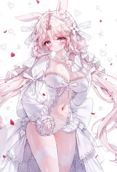 Rule 34 | 1girl, absurdres, animal ear fluff, animal ears, blush, braid, breasts, cleavage, closed mouth, collarbone, commentary request, covered navel, flower, grey eyes, grey hair, hair flower, hair ornament, hair rings, hand up, heart, highres, jewelry, large breasts, leotard, long hair, long sleeves, low twintails, nail polish, original, petals, puffy long sleeves, puffy sleeves, rabbit ears, ring, see-through, simple background, sleeves past wrists, solo, stomach day, tandohark, twin braids, twintails, very long hair, white background, white flower, white leotard, white nails