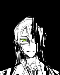 Rule 34 | 1boy, bad id, bad pixiv id, black background, evil smile, glasses, green eyes, hongcha (roels), looking at viewer, lowres, male focus, parted lips, roels, scp foundation, shaded face, simple background, smile, solo, spot color