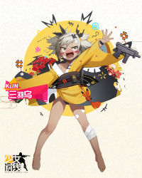 Rule 34 | 1girl, @ @, asymmetrical bangs, bandaged leg, bandages, bare legs, barefoot, black kimono, black panties, character name, copyright name, dark-skinned female, dark skin, fangs, feet, full body, girls&#039; frontline, grey hair, gun, hair ornament, highres, japanese clothes, jitome, kimono, klin (girls&#039; frontline), klin (the three crows) (girls&#039; frontline), legs apart, long sleeves, machine pistol, motion blur, obi, official alternate costume, official art, open mouth, outstretched arm, panties, saliva, sash, short twintails, solo, standing, toes, torn clothes, torn kimono, twintails, underwear, waterkuma, weapon, wide sleeves, yellow eyes, yellow kimono